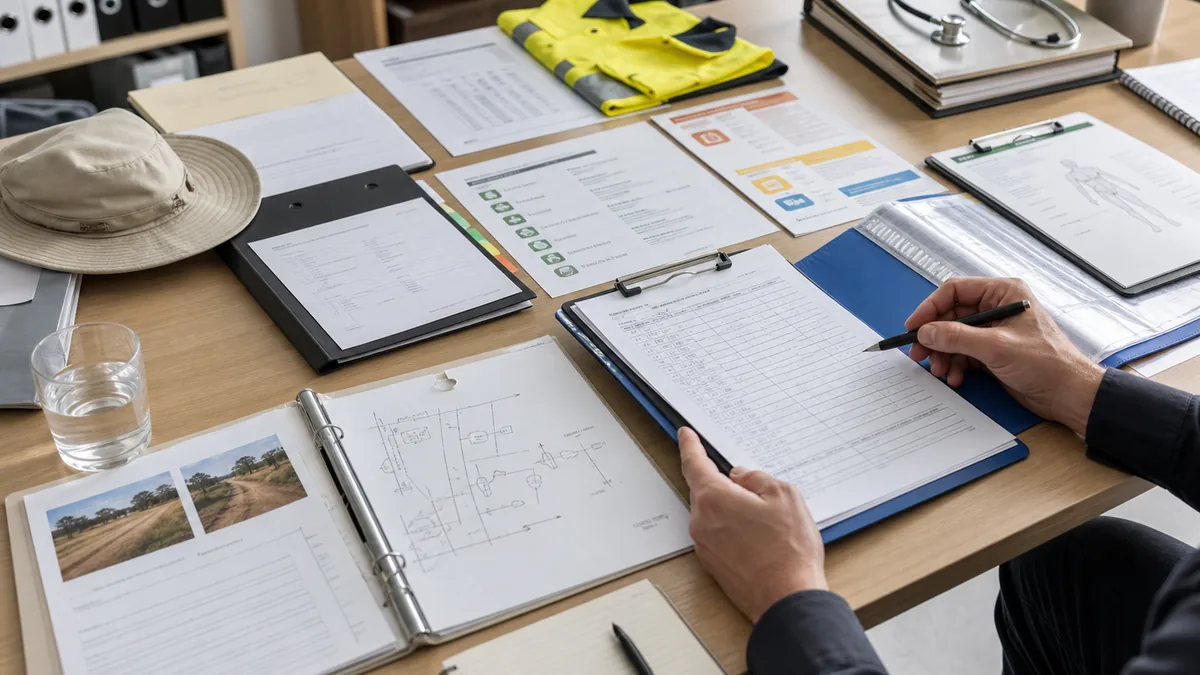 Farm injury workers compensation evidence review with incident records, medical reports, certificate of capacity and workplace duties documents.