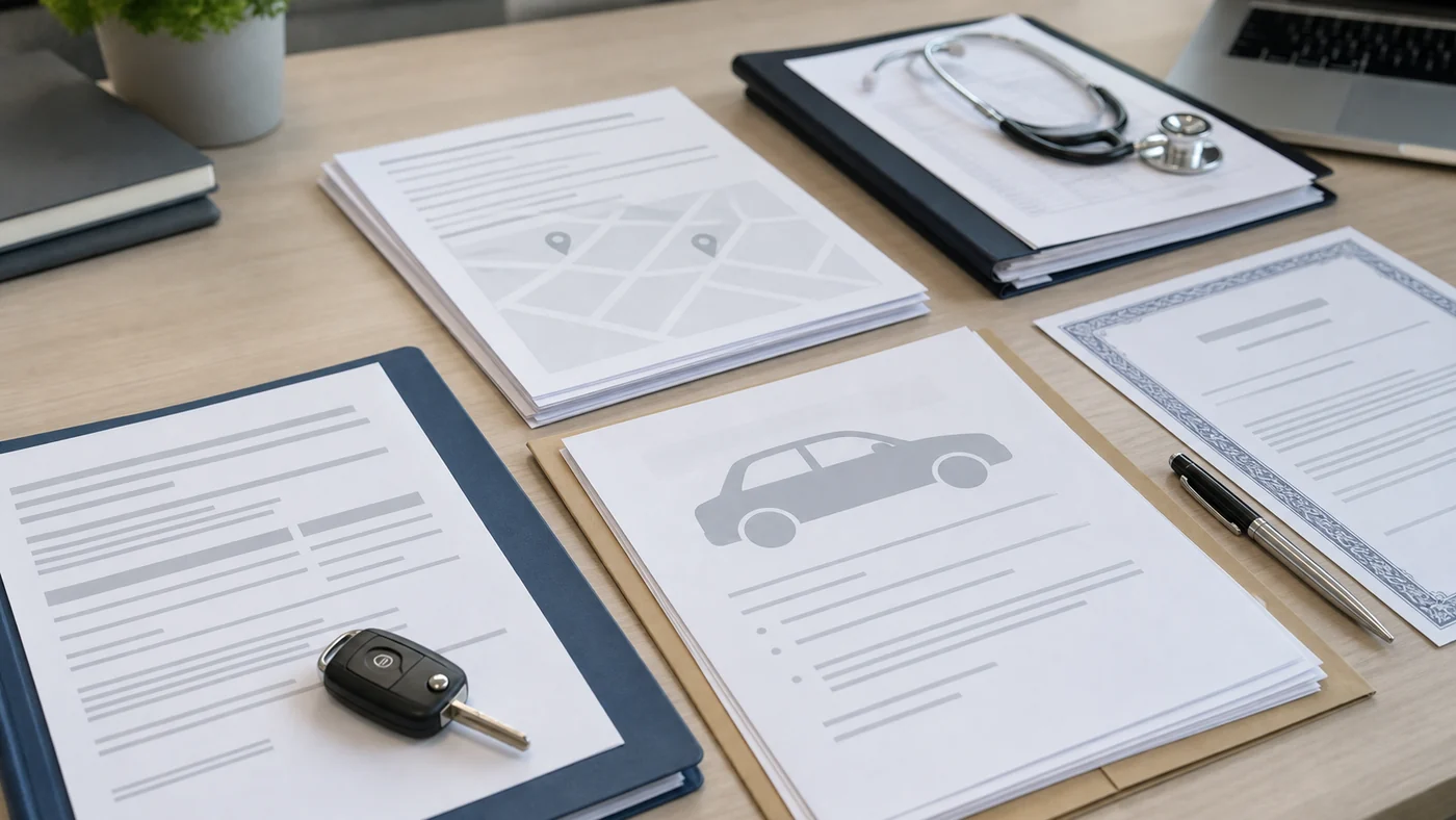 작업 motor 차량 accident(Work motor vehicle accident) 증거 검토 장면: 사고 기록, 의학 보고서, capacity certificate 및 직무 문서가 포함됩니다.