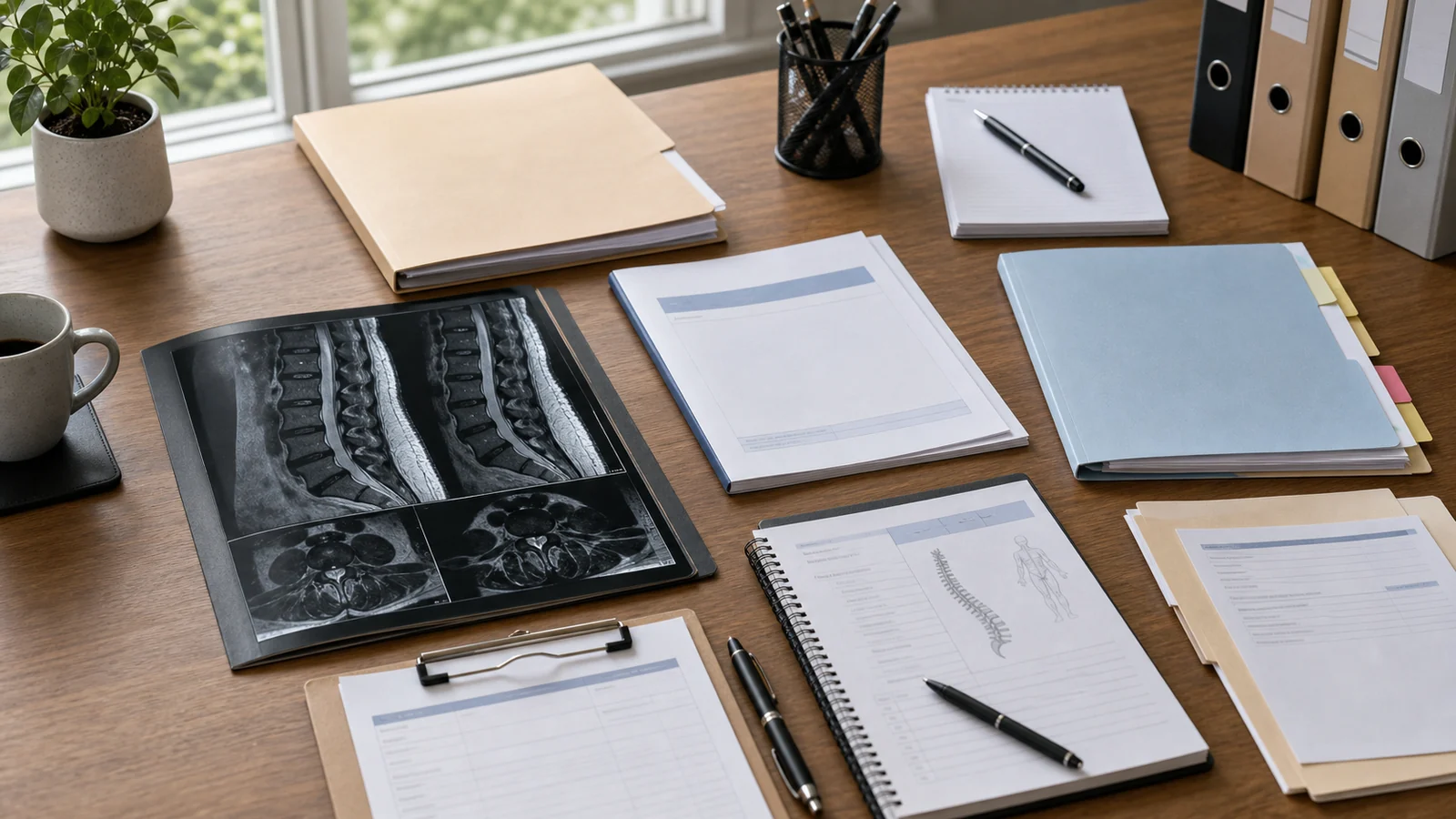 Worker and adviser reviewing spinal imaging, treatment notes, and claim milestones for a serious back and neck injury claim