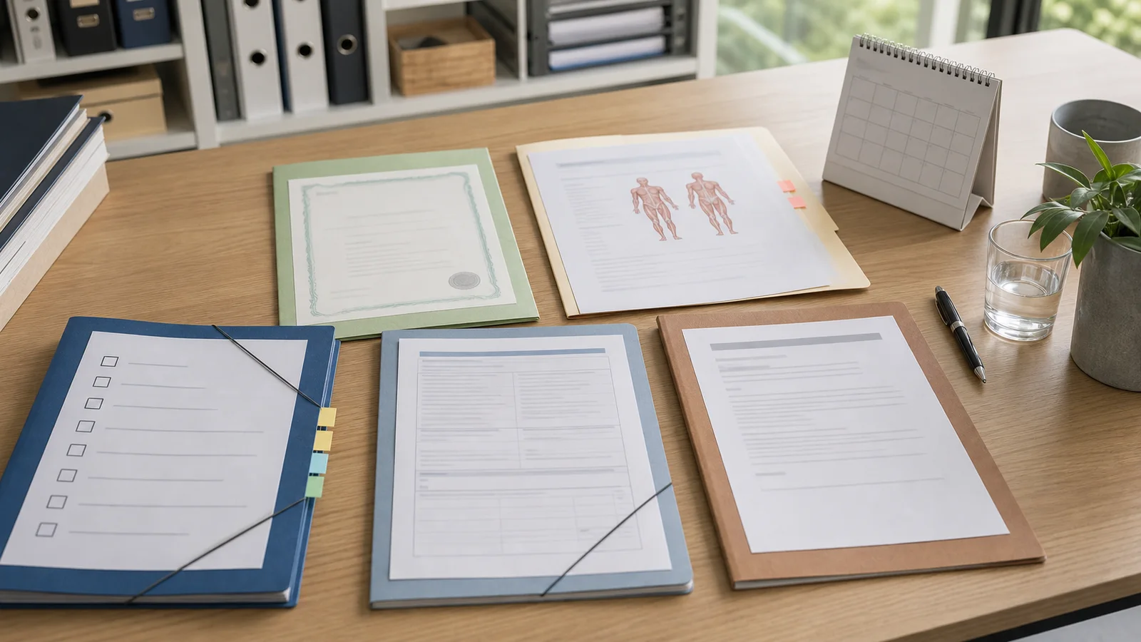 NSW workers compensation evidence review with incident material, capacity certificates, treatment records, wage material, and insurer pathway documents arranged without readable text.