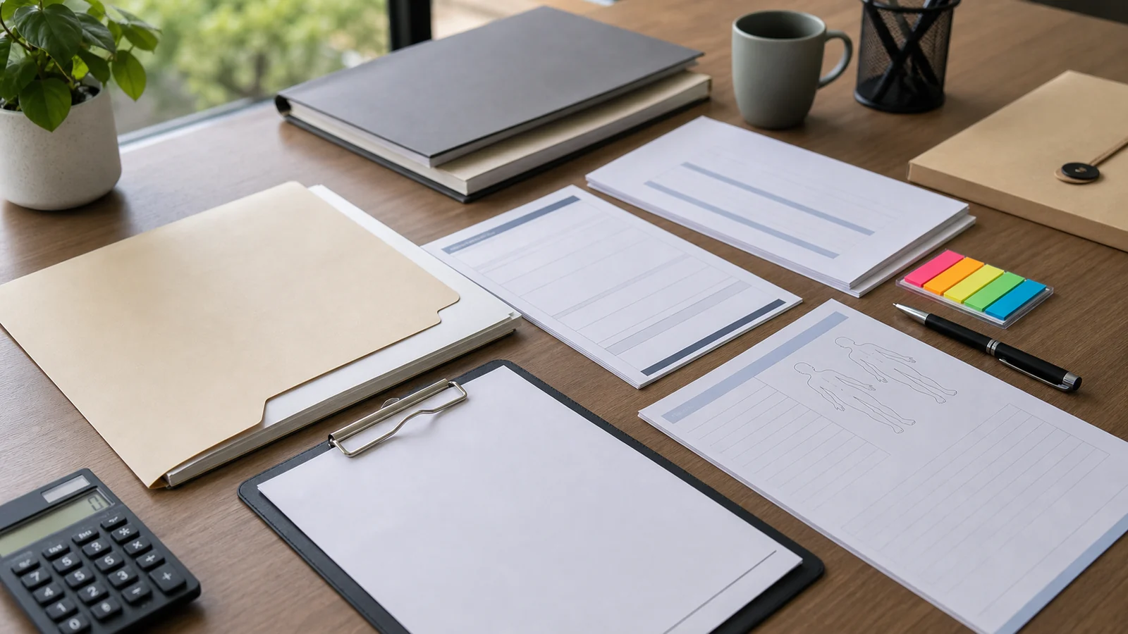 Workplace rehabilitation provider change request evidence review scene with medical restrictions, recovery-at-work plan material, insurer response, and file handover arranged without visible text.