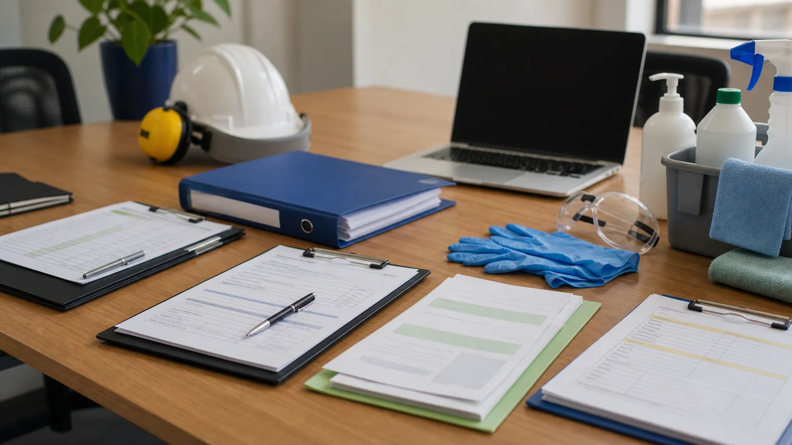 Claim review scene with payroll paperwork, treatment records, and facilities-service cues for BIC Services self-insurer disputes