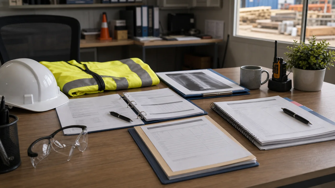 Construction site worker claim review desk with wage records, medical certificates, treatment notes, written decisions, and return-to-work planning for Colin Joss & Co Pty Limited.