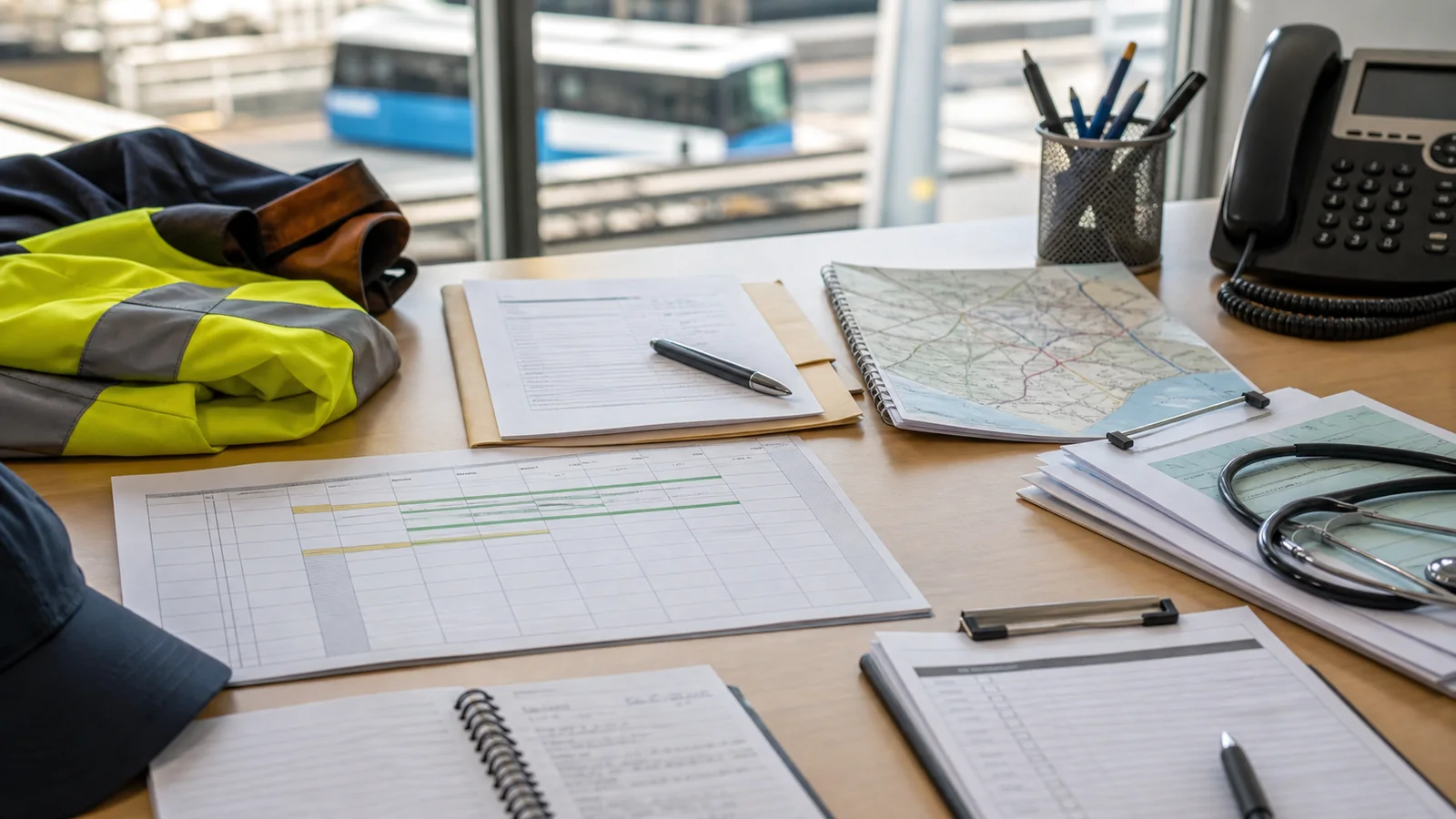 Transport worker claim review desk with wage records, medical certificates, treatment notes, written decisions, and return-to-work planning for NSW Trains.