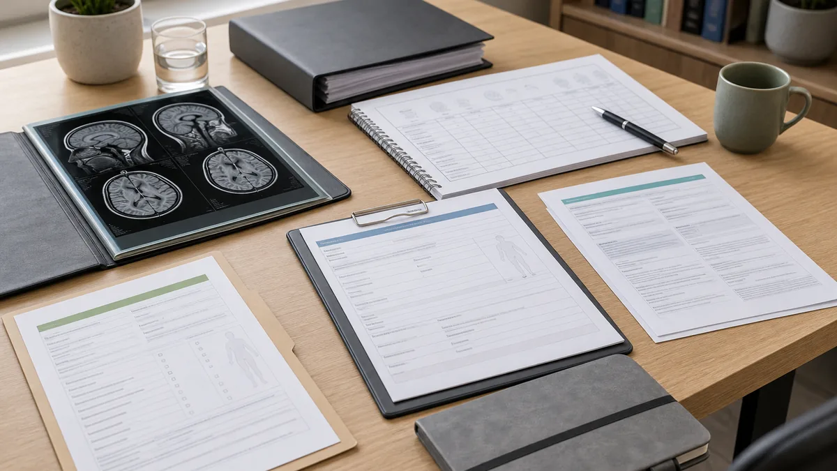 Head injury workers compensation evidence review with medical reports, treatment notes, certificate of capacity and workplace duties documents.