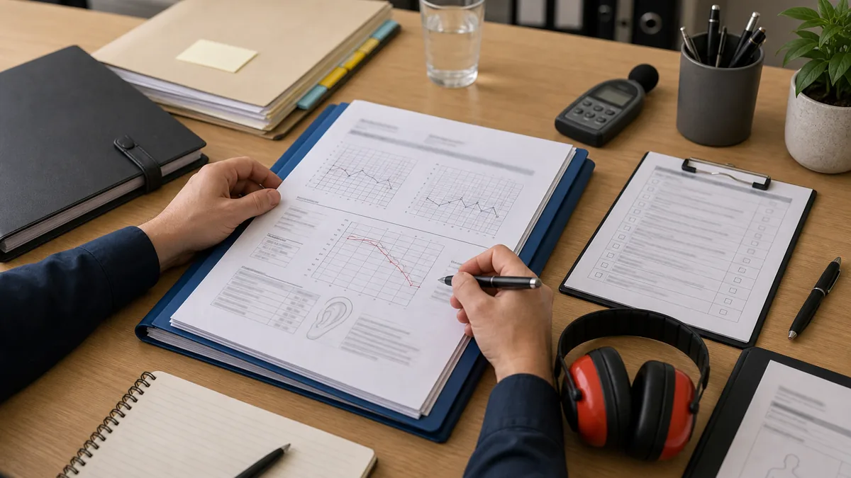 Industrial deafness workers compensation evidence review with medical reports, treatment notes, certificate of capacity and workplace duties documents.