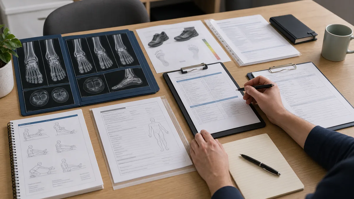 Plantar fasciitis workers compensation evidence review with medical reports, treatment notes, certificate of capacity and workplace duties documents.