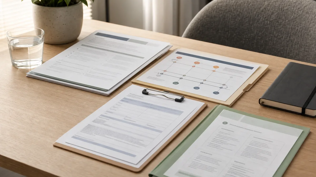 PTSD workers compensation evidence review scene with work exposure chronology, clinical records, treatment plan, capacity evidence, and insurer response pathway arranged without text.