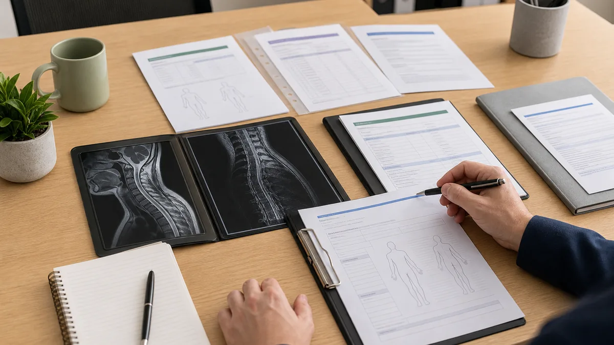 胸椎 伤害（Thoracic spine injury） 证据审阅场景，包含医疗报告、工作能力证明、治疗记录和岗位文件。