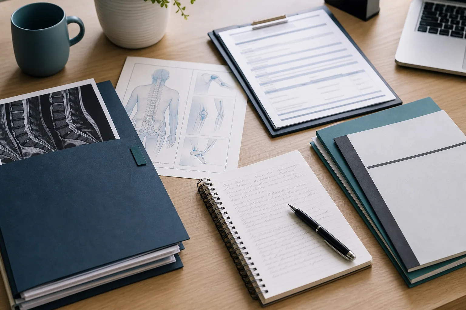 NSW permanent impairment assessment evidence review with medical imaging, body system assessment material, capacity documents and claim notes on a clean desk.