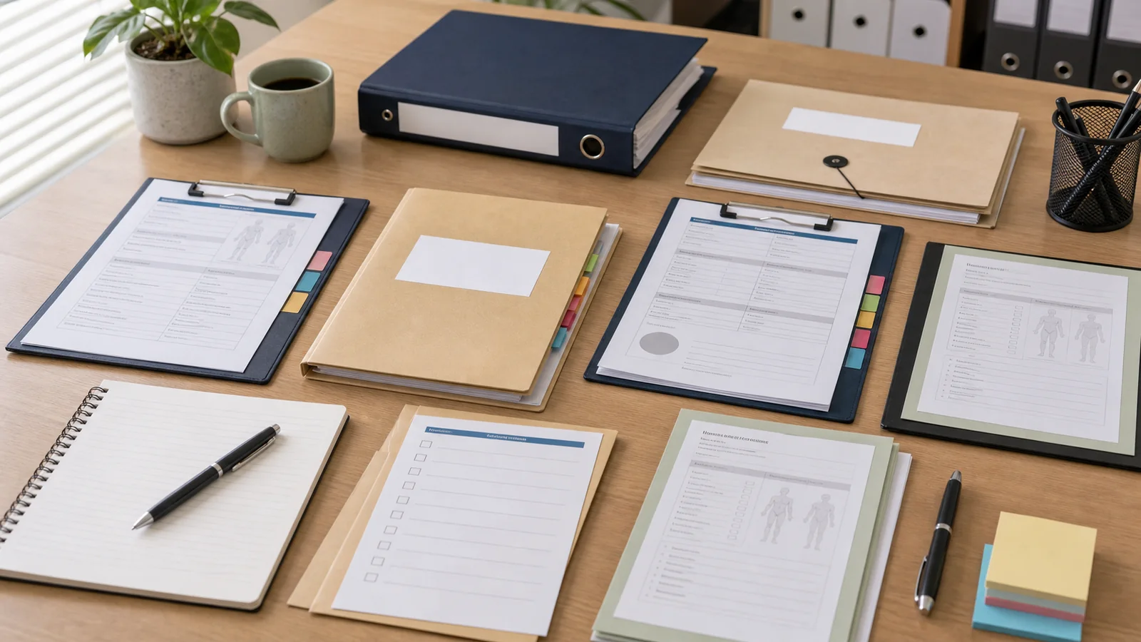 A workers compensation claim triage desk with a phone, insurer notice, medical certificate, and checklist for early claim review