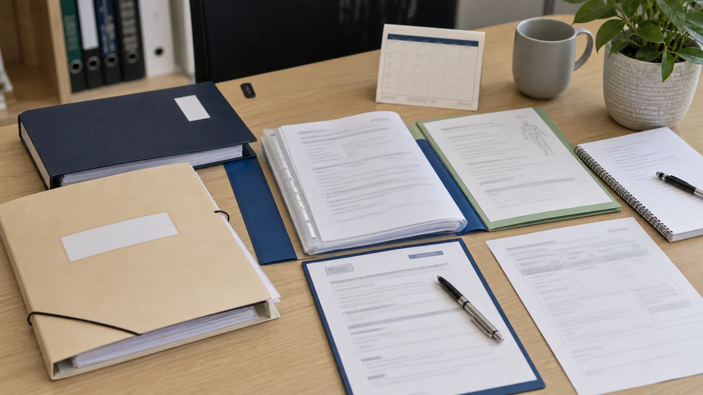 PIC dispute file review scene with medical reports, insurer notices, and a claim timeline laid out for formal review