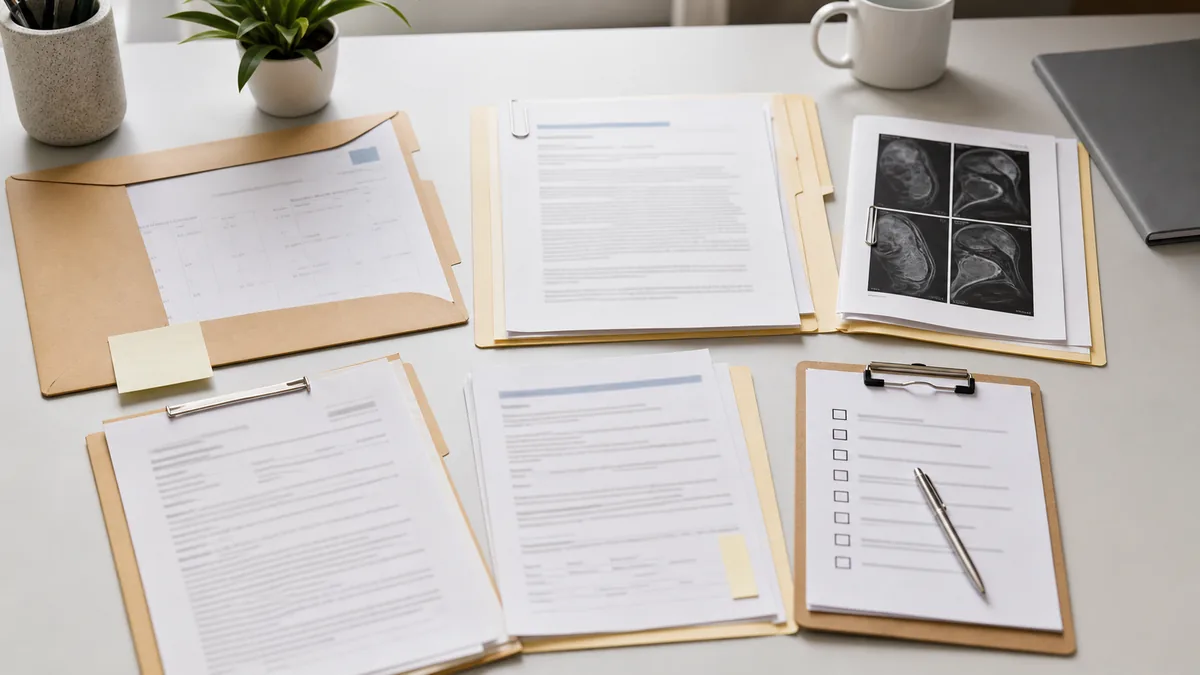 Independent medical examination report review with appointment material, medical records, scan folder, certificate of capacity and response checklist.