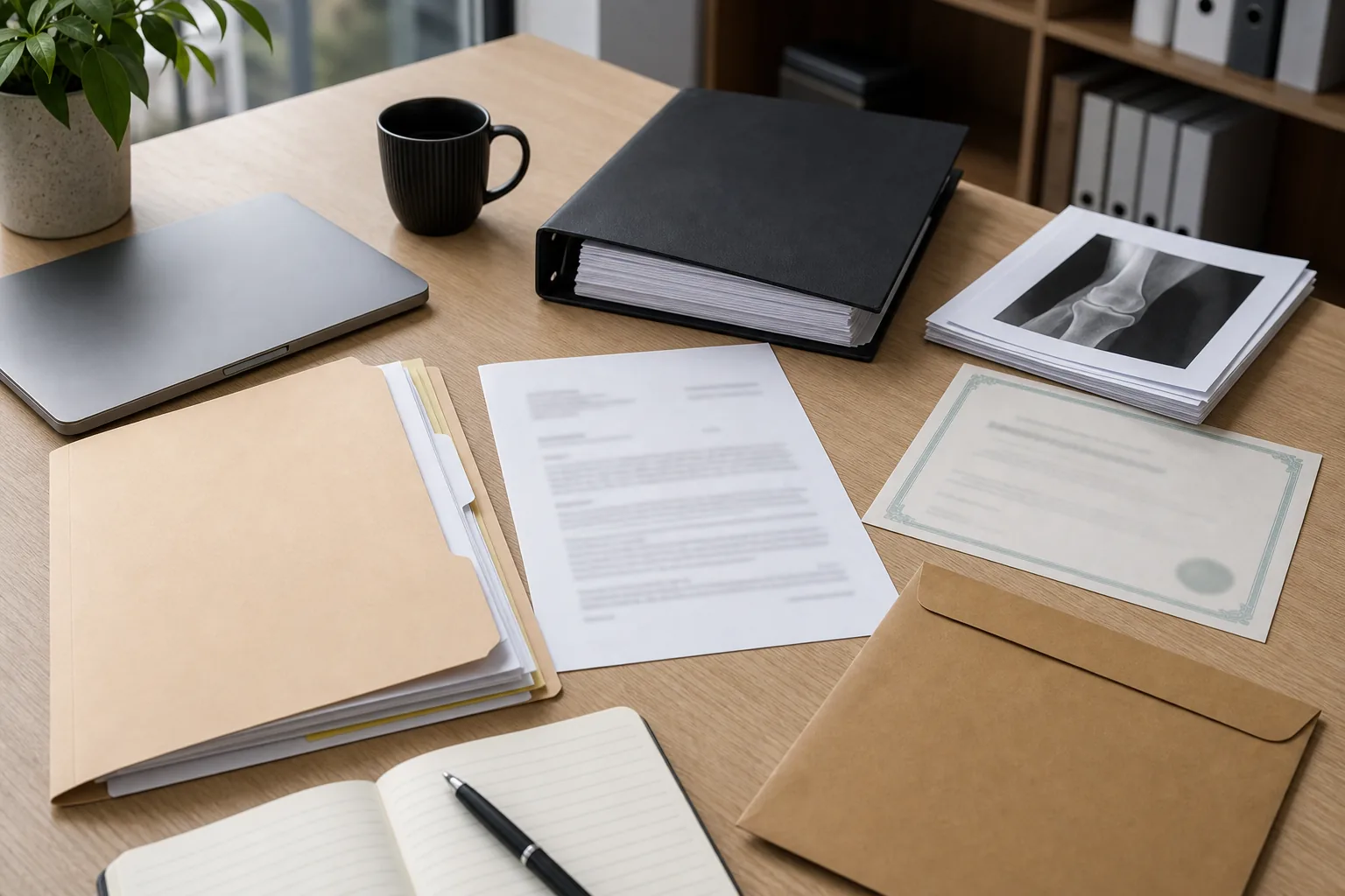 Workers compensation specialised insurer file review with decision notice, medical evidence, wage records, and deadline tracking arranged for triage.