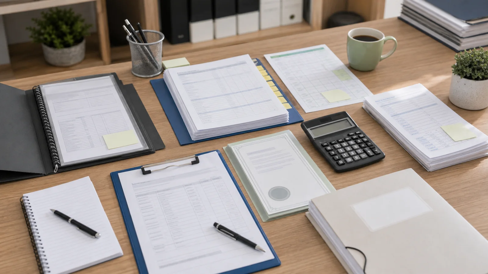 Weekly payments evidence materials being reviewed with wage records, capacity certificate, calculator, calendar notes and insurer correspondence.