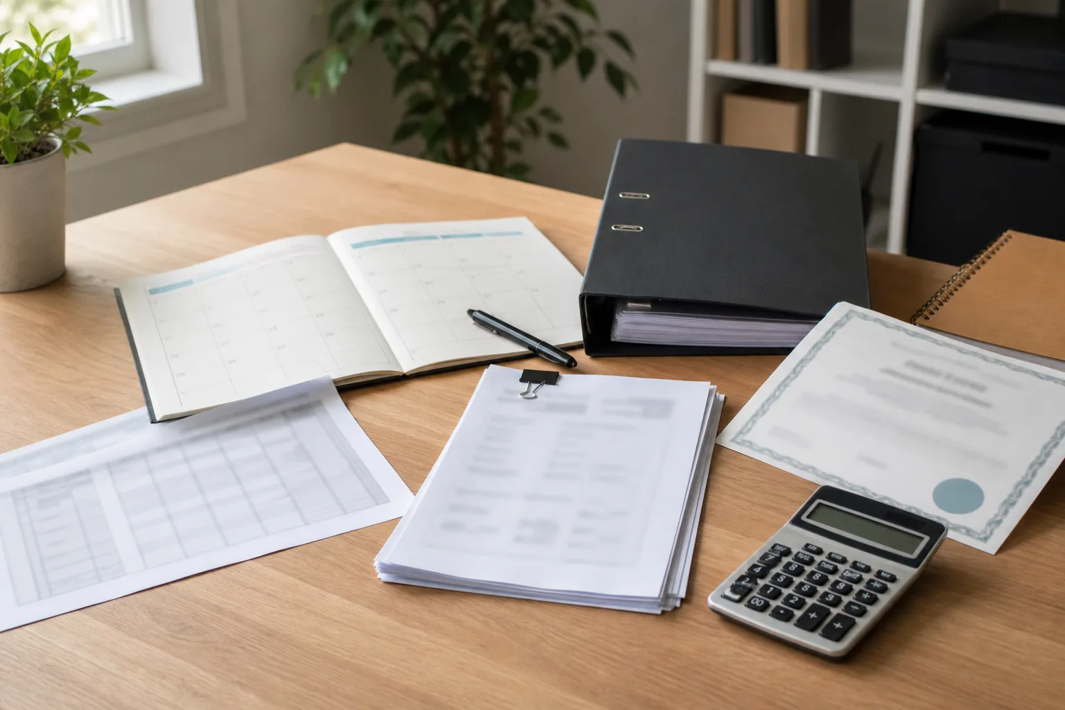 PIAWE recalculation evidence review with wage records, roster material, payroll calculation papers, capacity folder, and insurer rate review documents arranged without visible text.