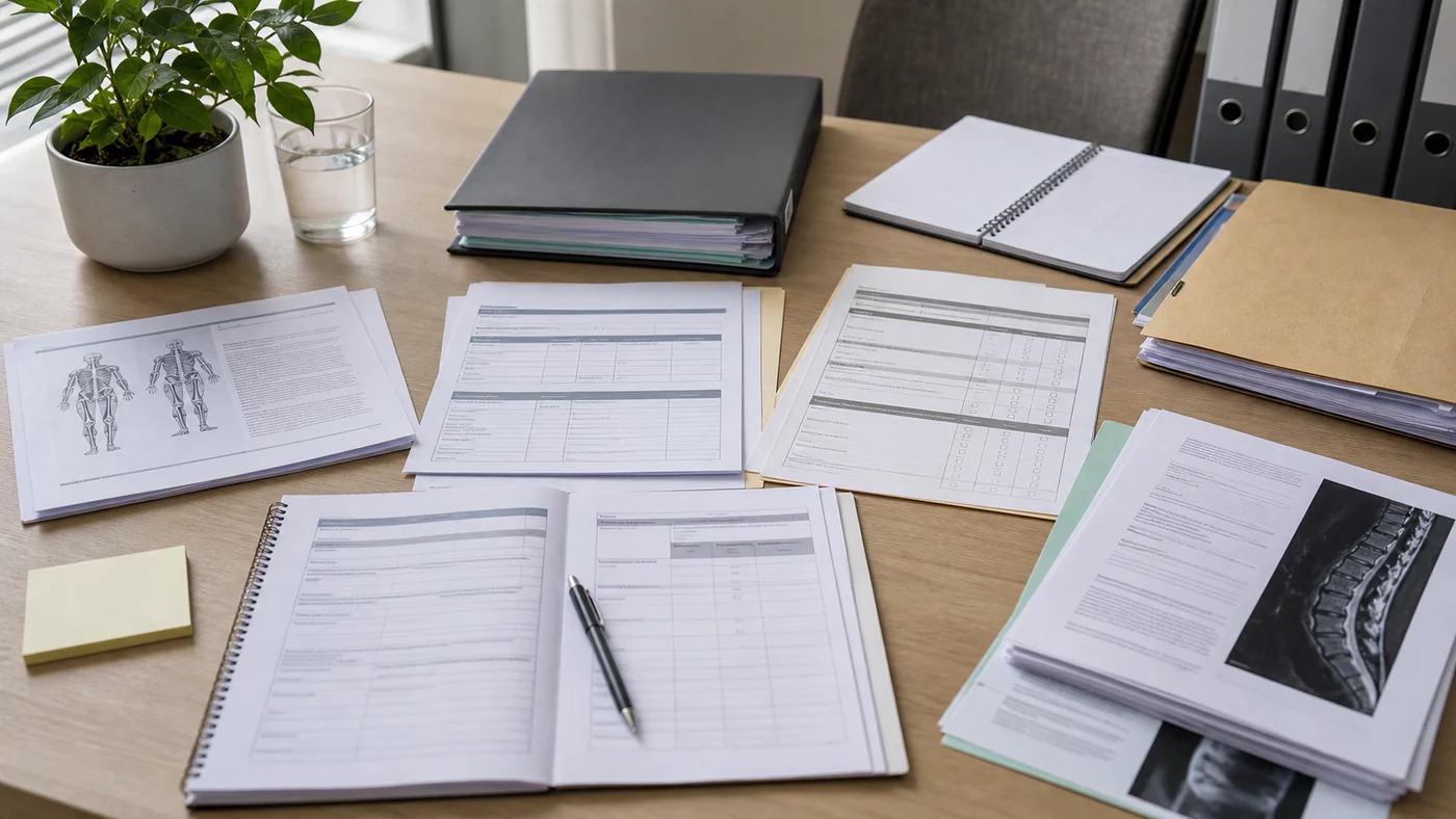 Recovery-at-work plan documents being reviewed against medical restrictions, workplace duties, travel limits and insurer correspondence.