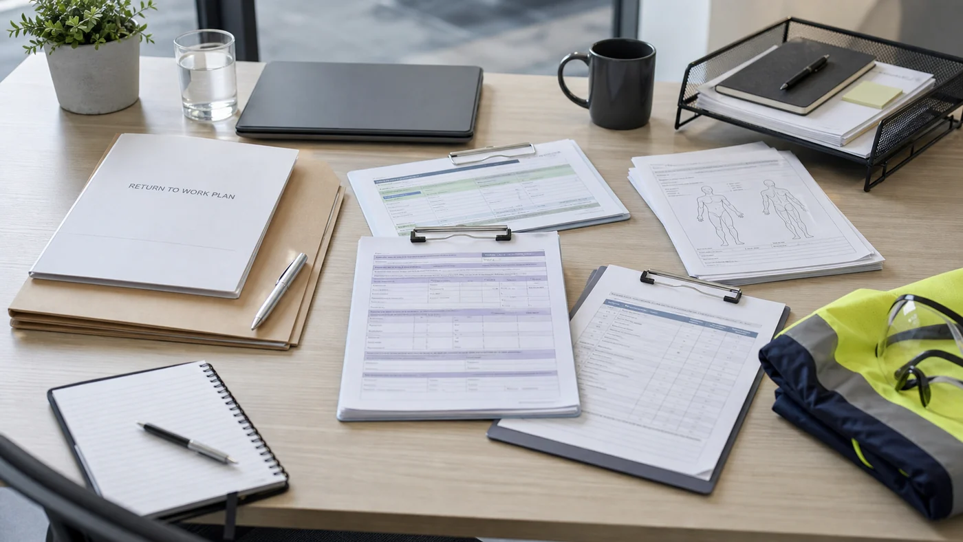 Workplace rehabilitation documents with certificate of capacity, suitable duties plan and treatment notes arranged for review