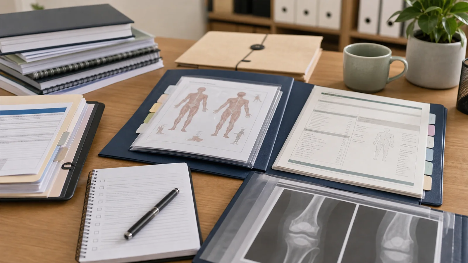 Section 66 lump sum evidence review with specialist assessment material, imaging folder, medical chronology, and insurer decision papers arranged without readable text.