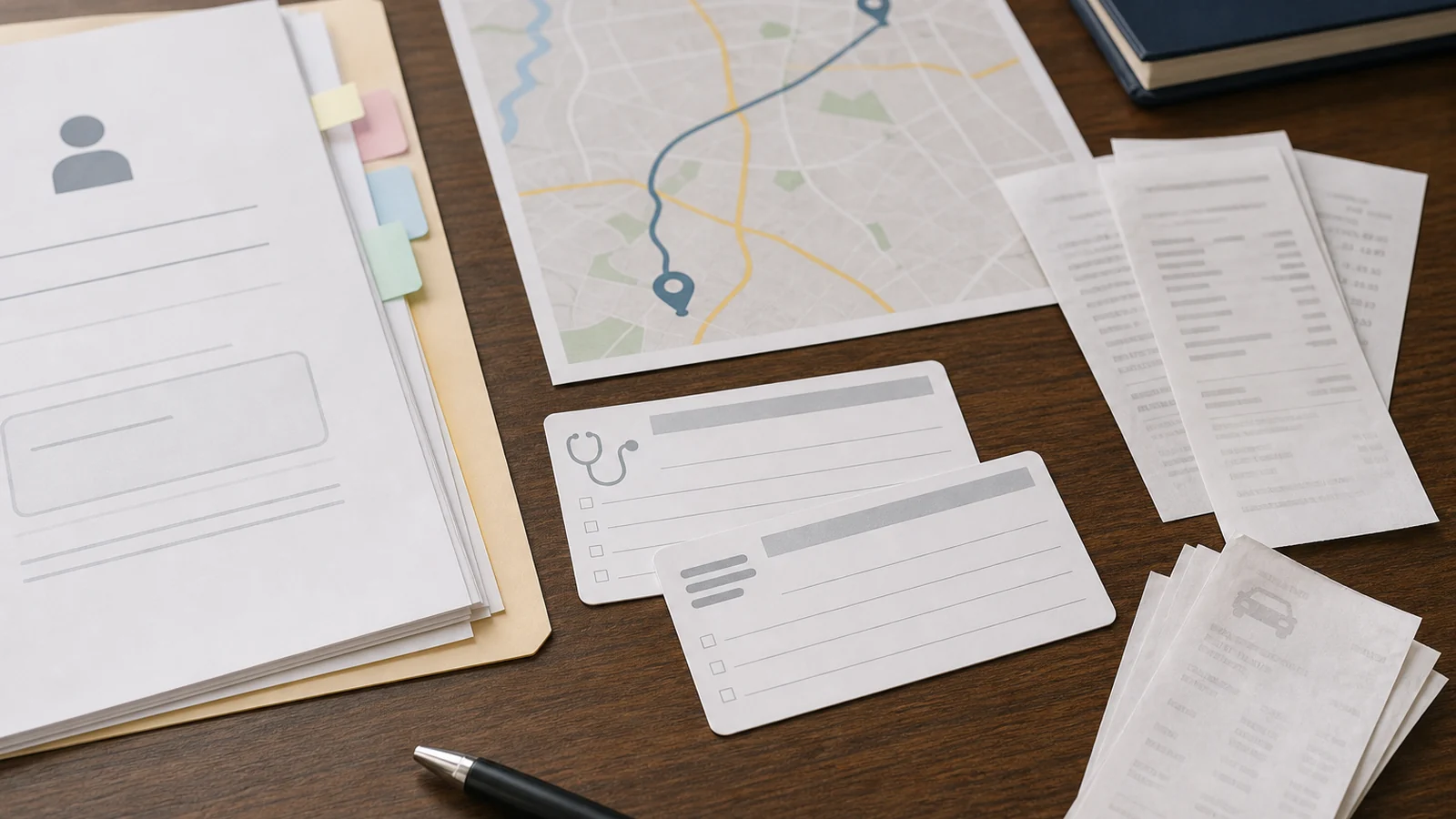 Treatment travel reimbursement evidence review with appointment records, transport receipts, medical purpose, and insurer decision material arranged without readable text.