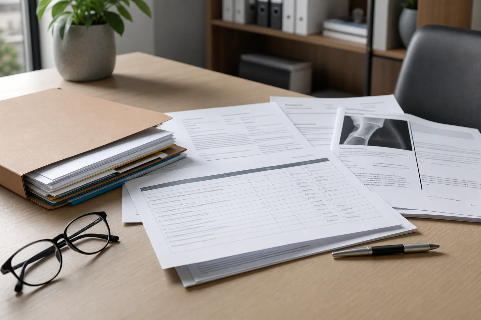 Work capacity review timing evidence with decision folder, evidence request material, treating response, and review lodgement papers arranged without readable text.