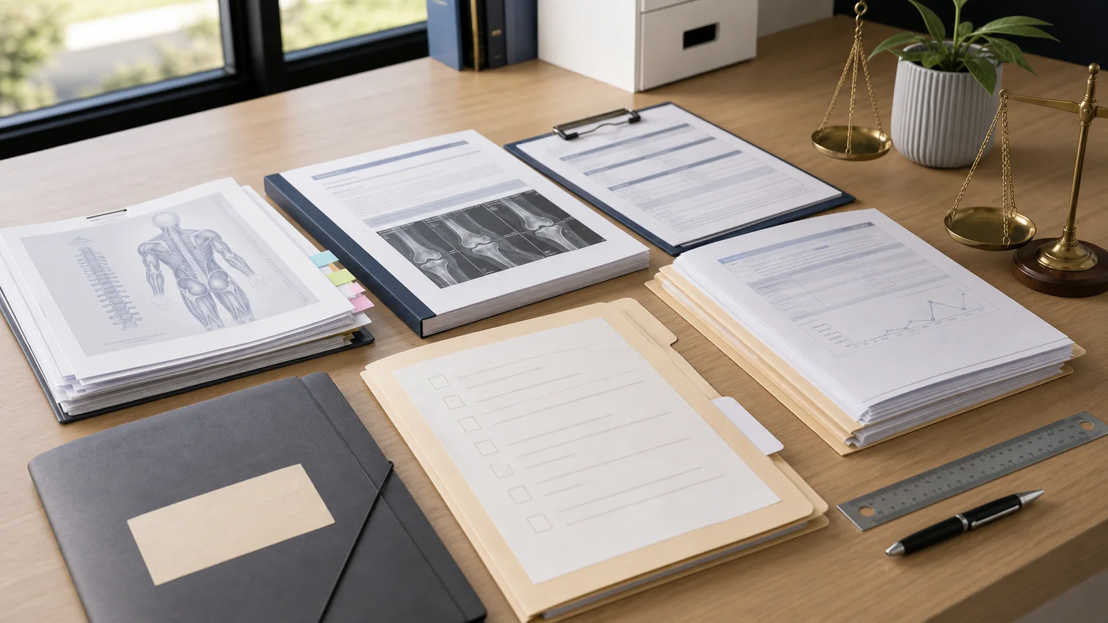 Work injury damages evidence review with impairment threshold material, workplace breach evidence, wage-loss records, and common-law pathway documents arranged without visible text.