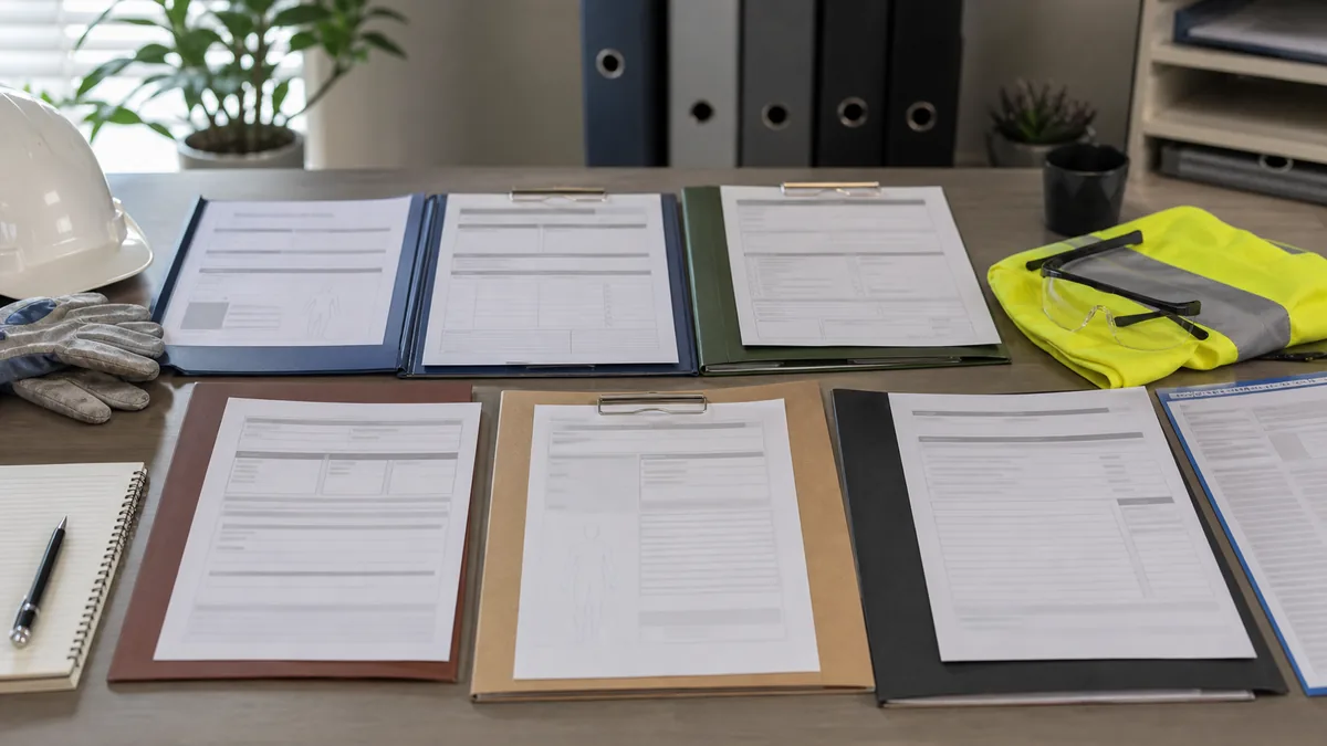 NSW workplace injury evidence review with incident material, medical reports, capacity certificates, treatment records, and claim pathway documents arranged without readable text.